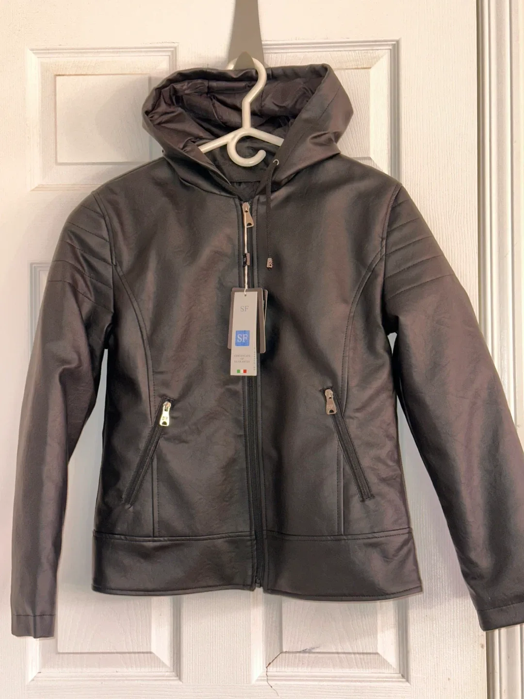 Women’s Black Hooded Leather Jacket image indicator(2)