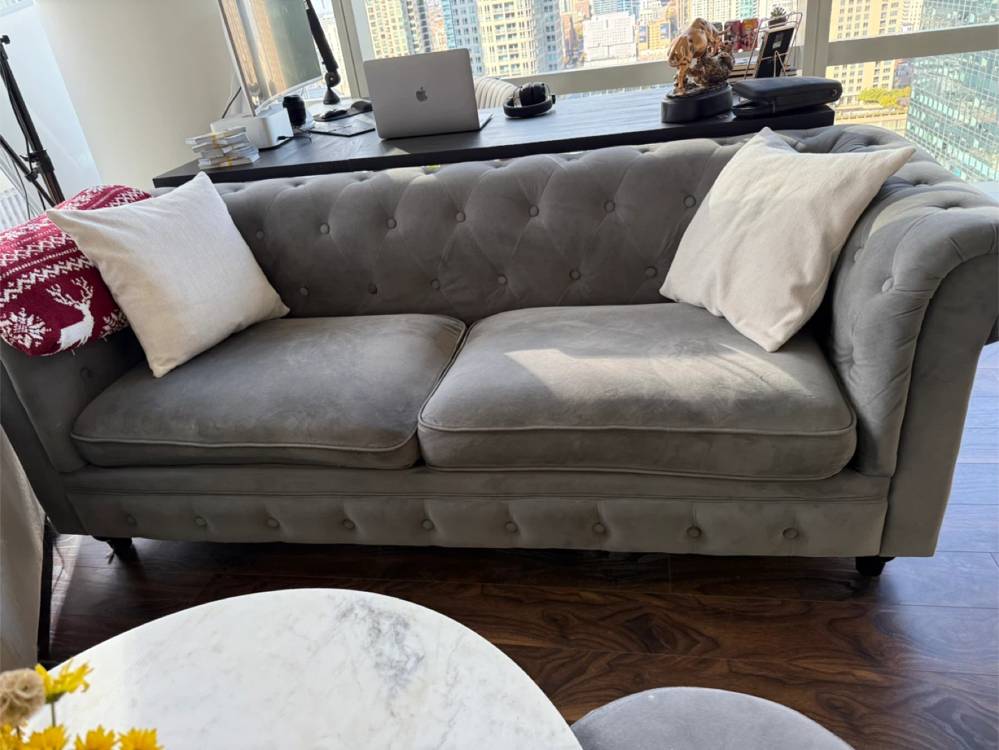 Gray Velvet Chesterfield Style Sofa