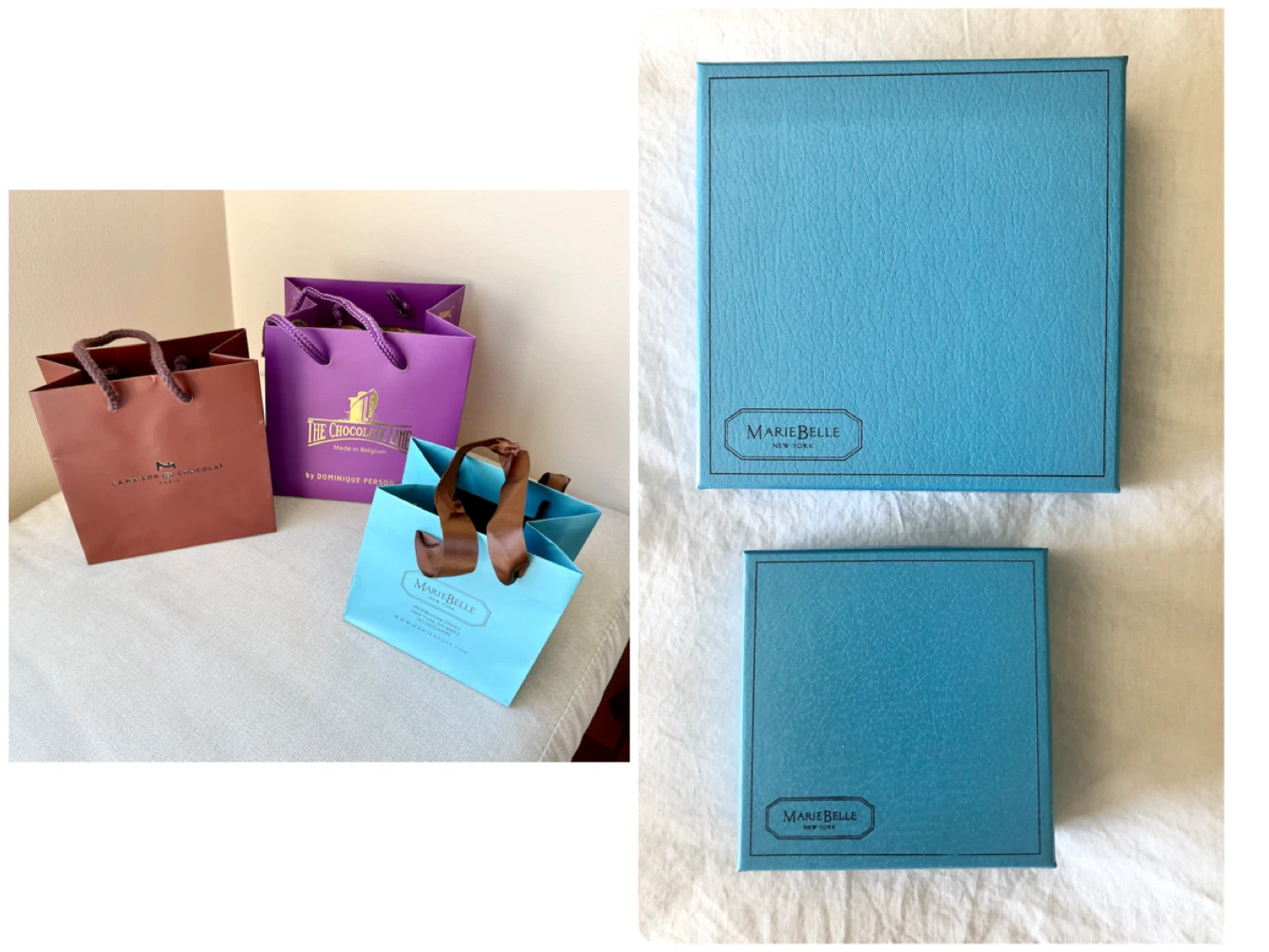 HOLIDAY GIFT BOXES AND THREE GIFT BAGS FROM LUXURY BOUTIQUES