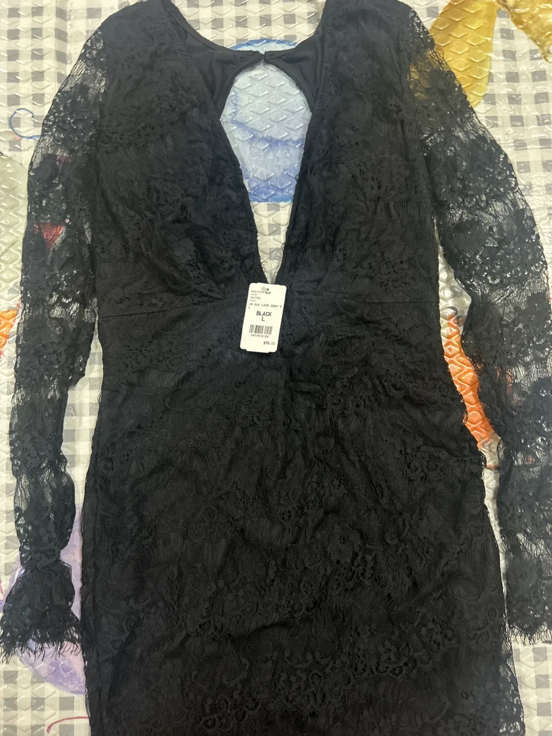 Forever 21 Black Lace Deep V Dress - Size L image indicator(6)