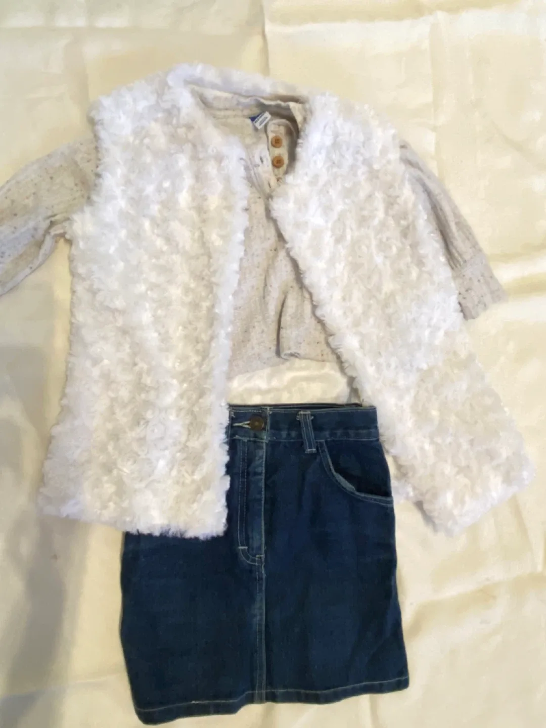 Girls' Outfit: Old Navy Shirt, Faux Fur Vest, Denim Skirt thumbnail