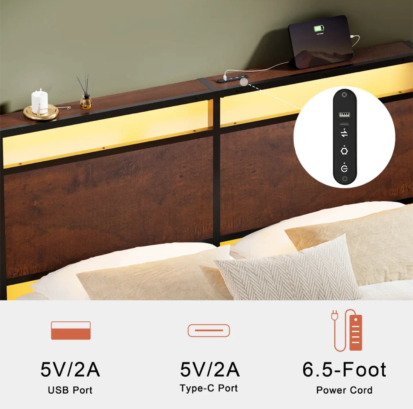 Queen Size Bed Frame with USB Ports image indicator(3)