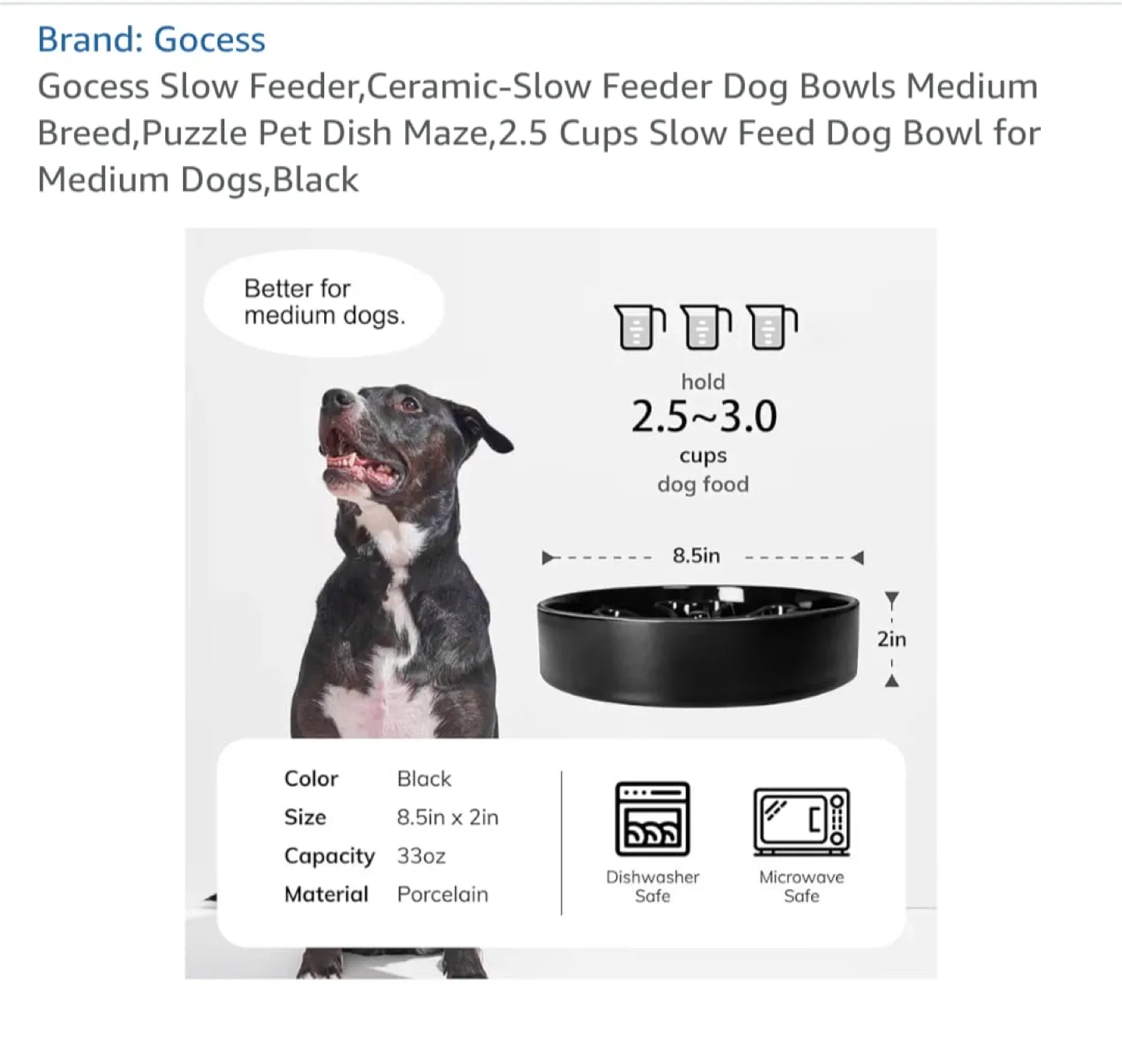 Gocess Slow Feeder Dog Bowl - Ceramic, Medium, Black image indicator(3)