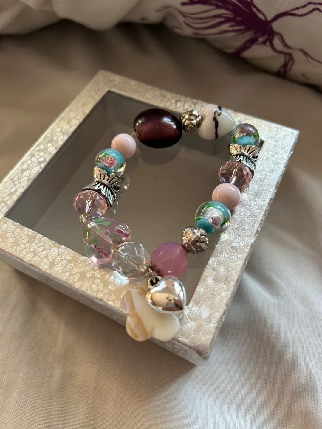 Beaded Bracelet with Flower and Heart Charms thumbnail