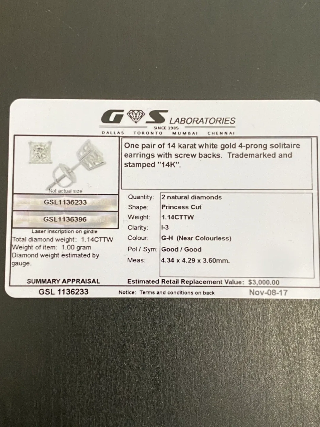 14K White Gold Princess Cut Diamond Earrings image indicator(2)