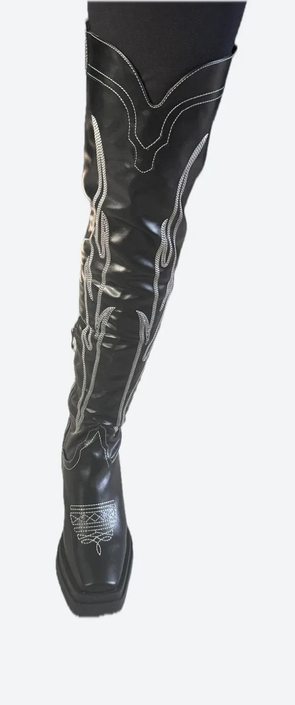 Black Cowboy Thigh High Boots