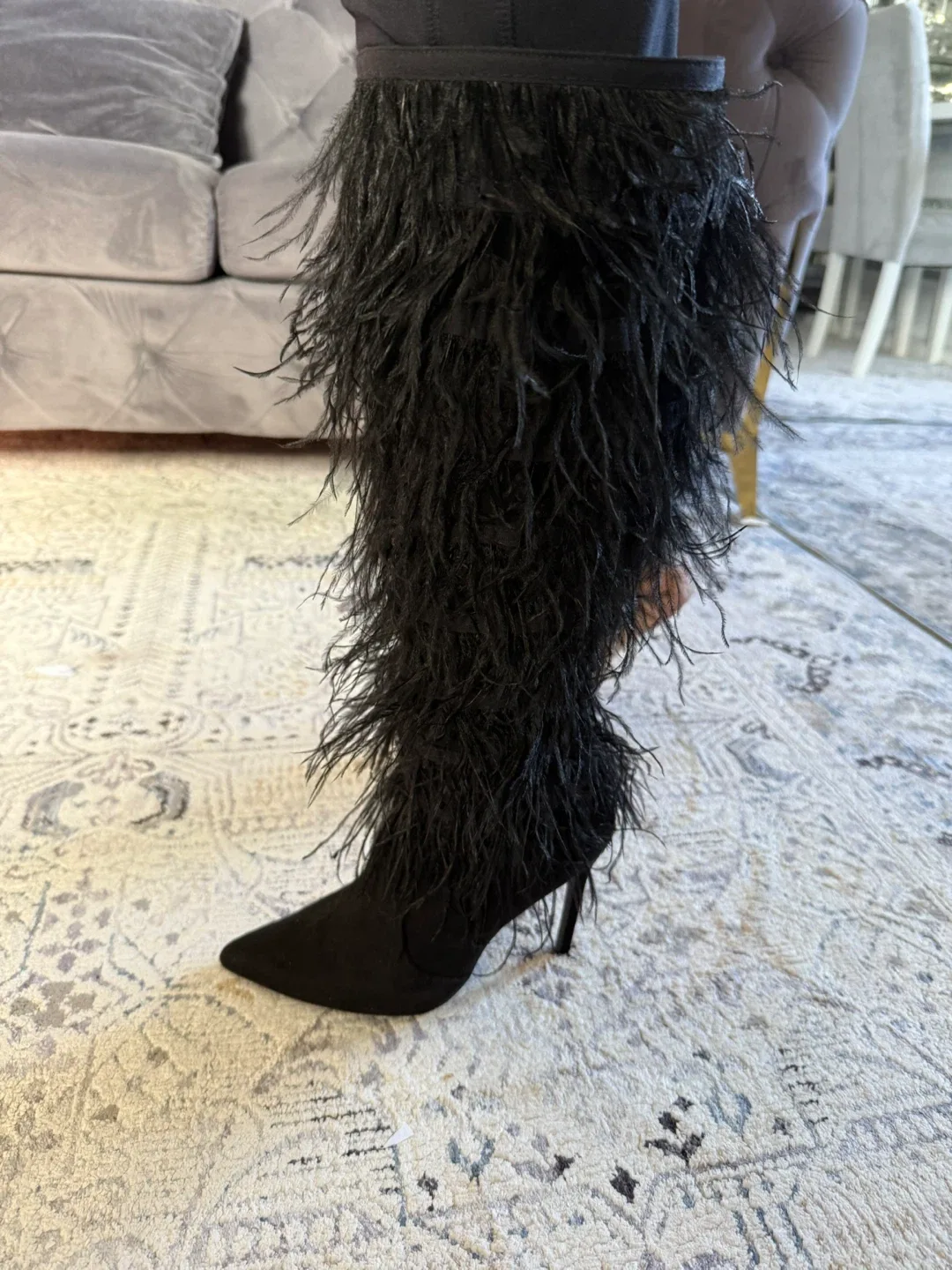Feathered Black Heeled Boots