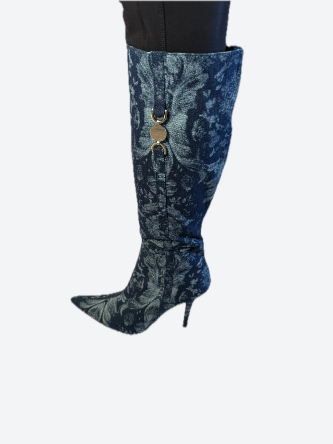 Floral Denim Knee High Heel Boots