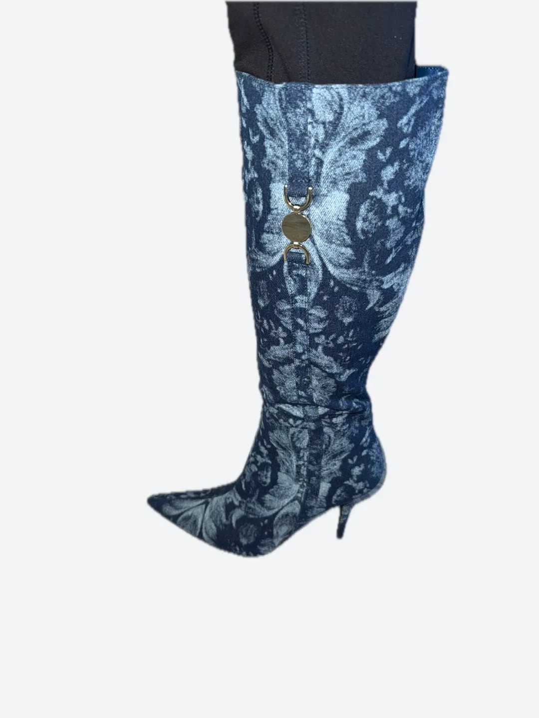 Floral Denim Knee High Heel Boots image indicator(2)