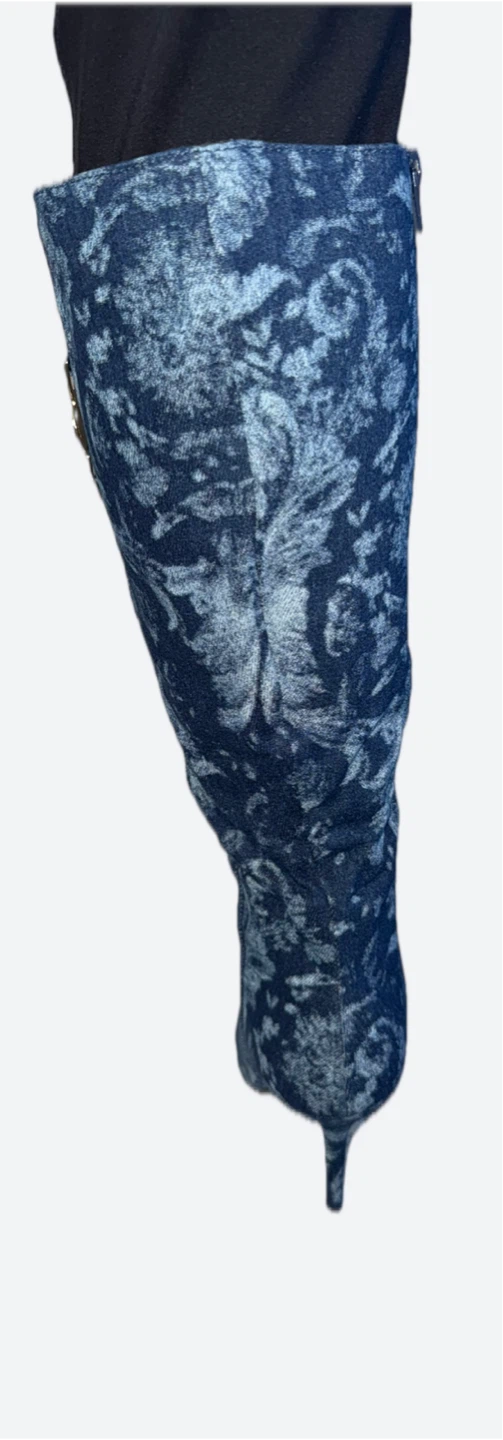 Floral Denim Knee High Heel Boots - photo 3