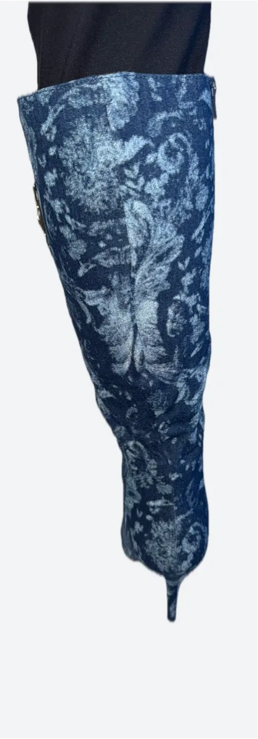 Floral Denim Knee High Heel Boots image indicator(3)