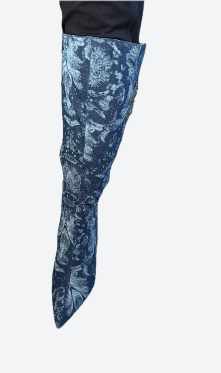 Floral Denim Knee High Heel Boots image indicator(4)
