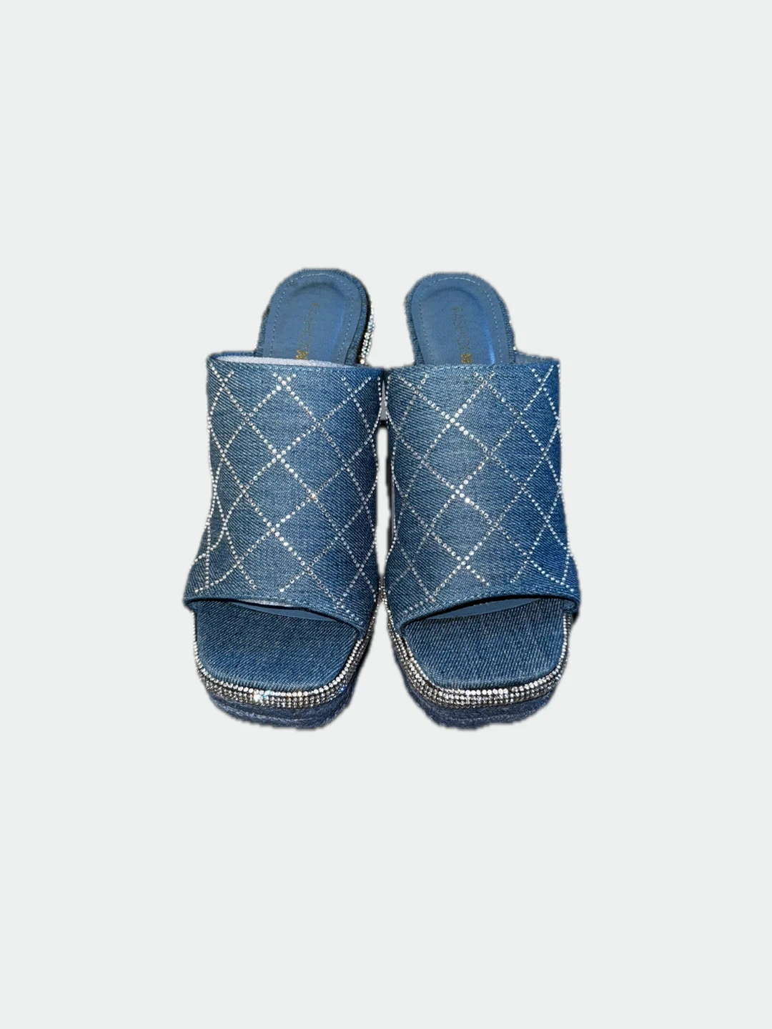 Blue Denim Rhinestone Wedge Mules - Size 7