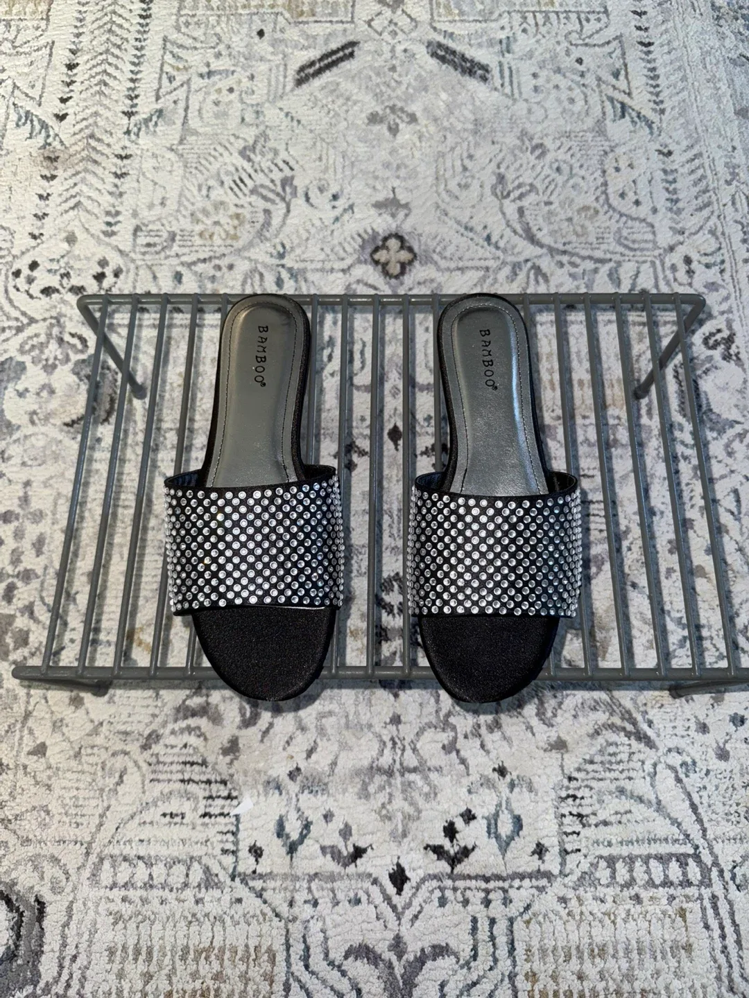 Bamboo Black Rhinestone Slides - Size 8