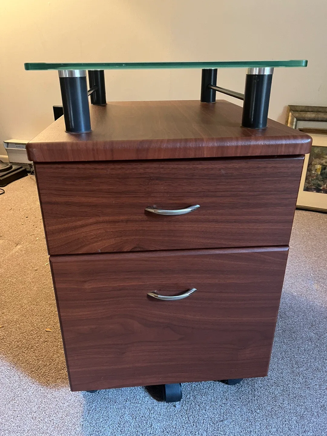 Rolling Wood File Cabinet with Glass Top