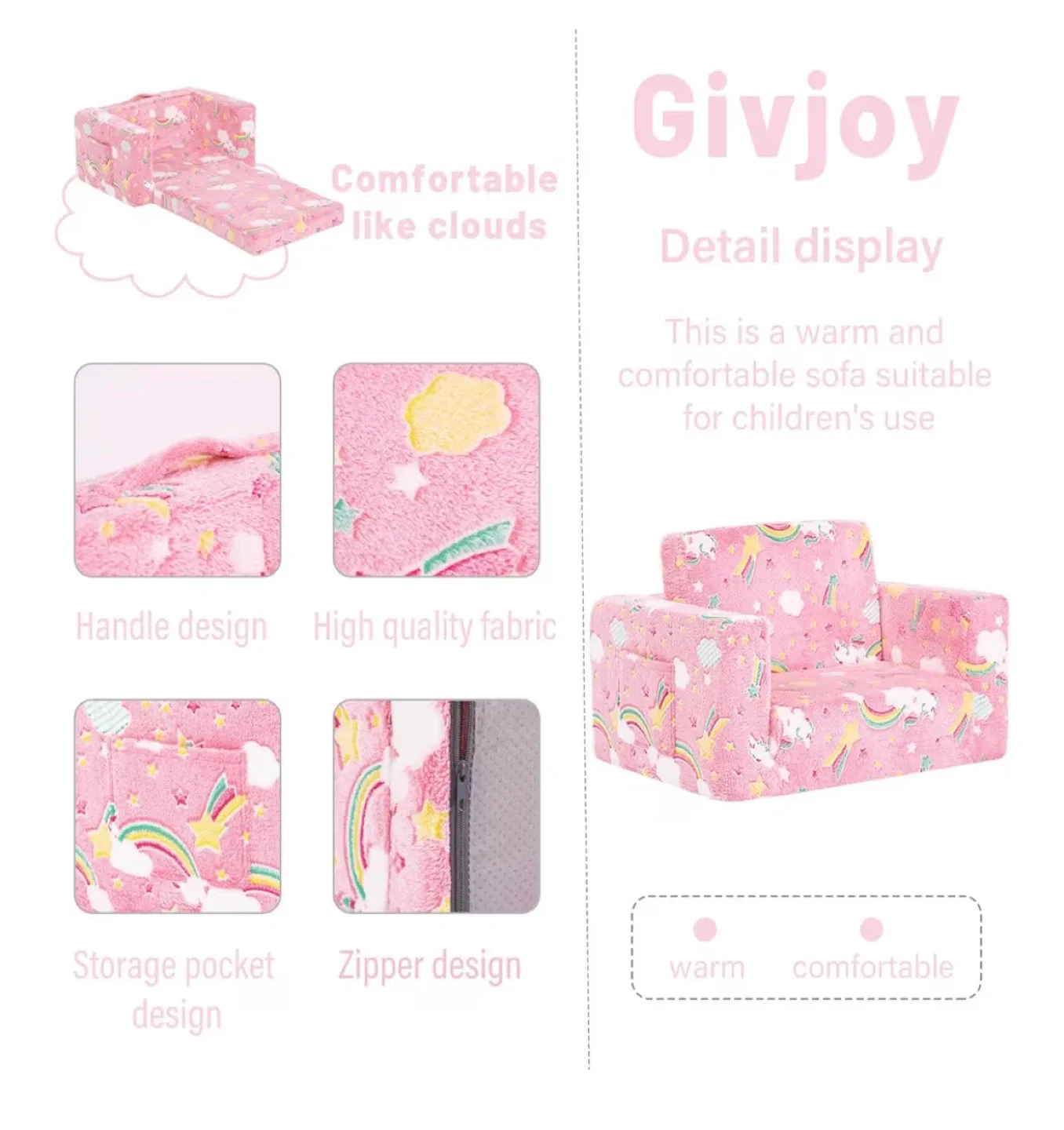 Givjoy Pink Unicorn Kids Sofa - Like New! image indicator(2)