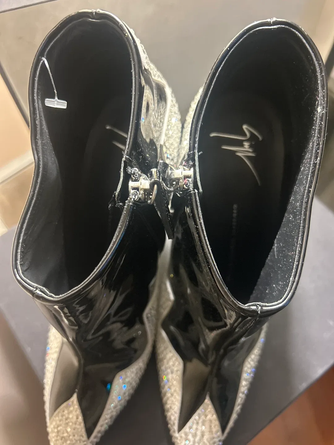 Giuseppe Zanotti Black Patent Rhinestone Ankle Boots, Size 39 image indicator(4)