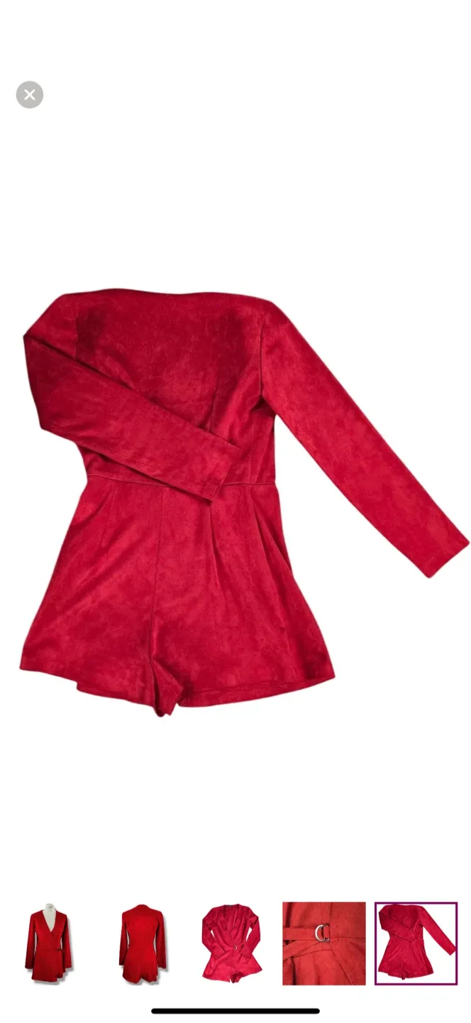 Zara Trafaluc Red Faux Suede Deep V Neck Romper image indicator(5)