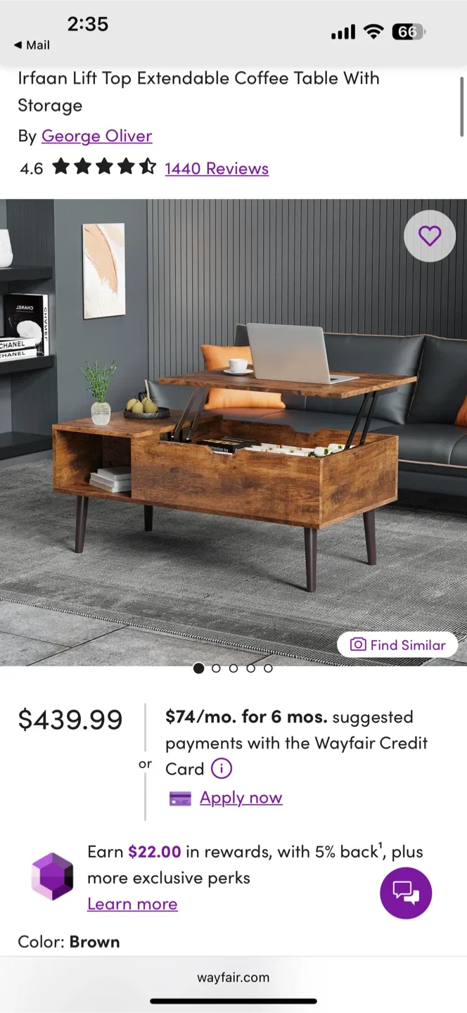 Irfaan Lift Top Extendable Coffee Table - Brown image indicator(2)