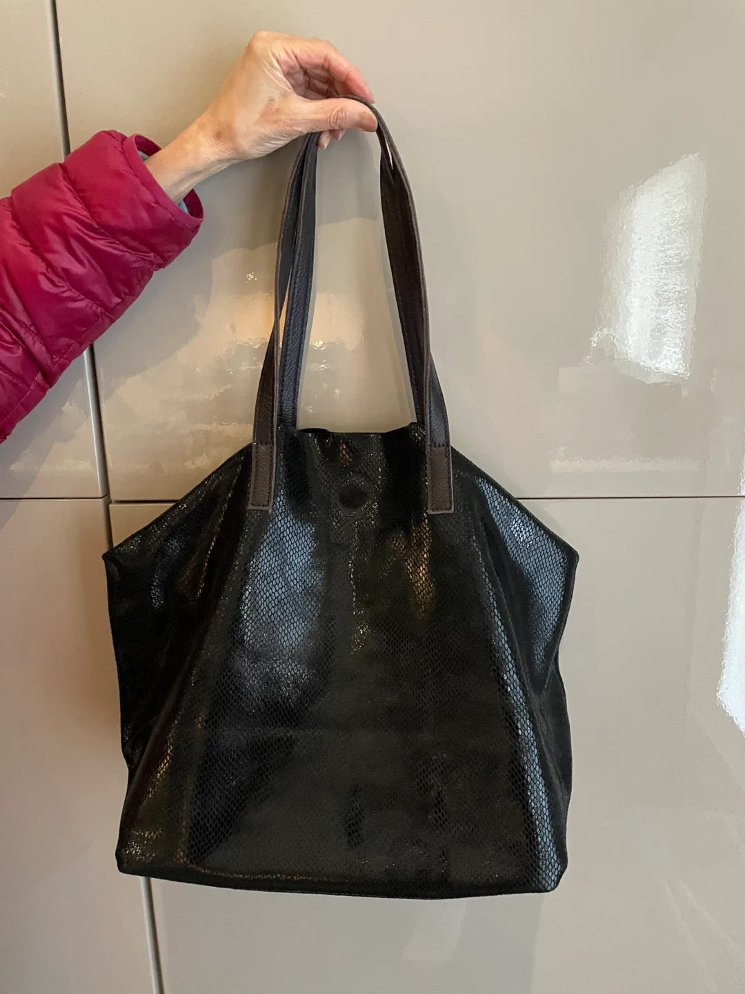 Black Leather Tote Bag with Brown Handles thumbnail