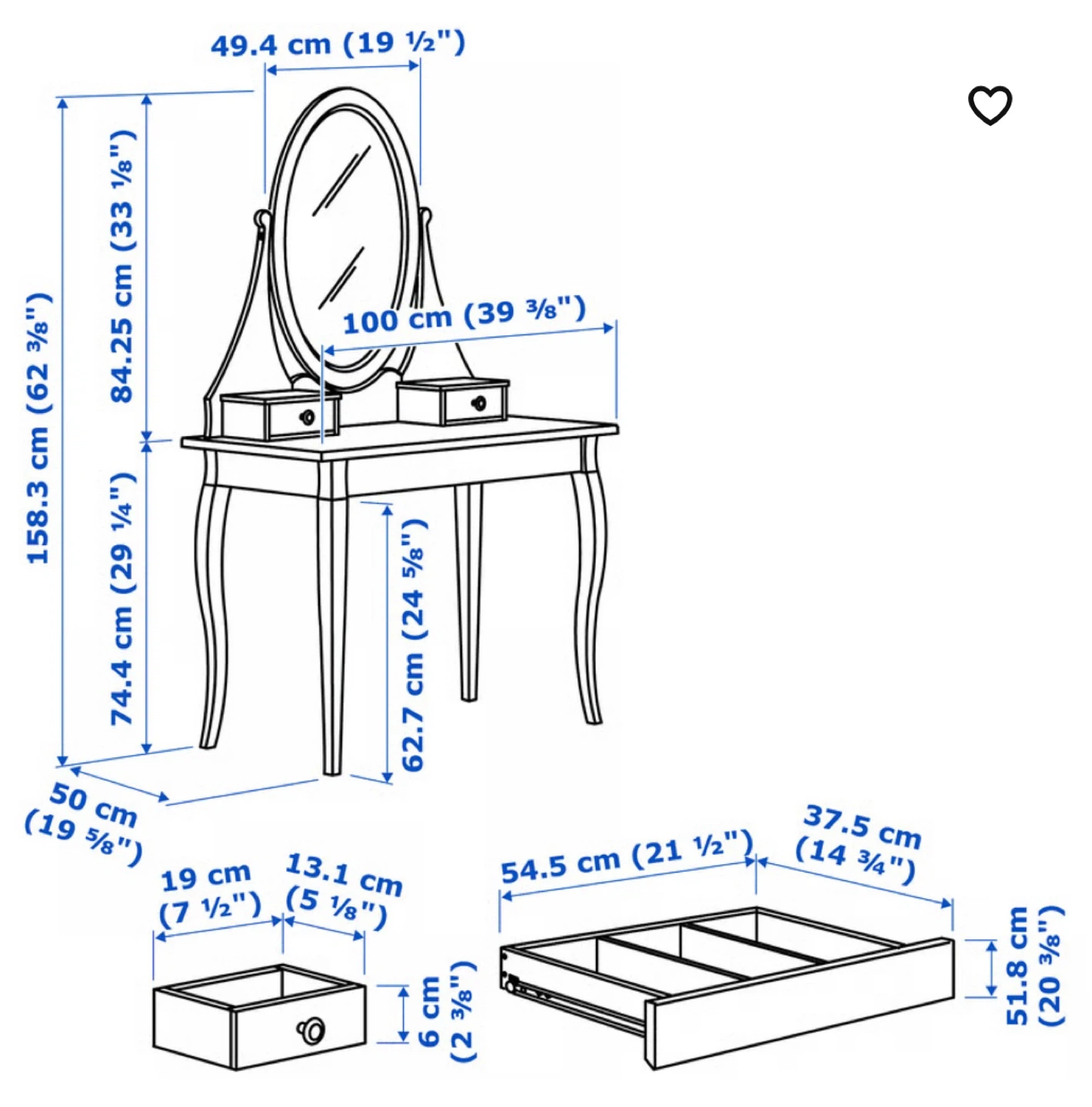 Dressing table with mirror, white, 100x50 cm (39 3/8x19 5/8 ") - photo 5