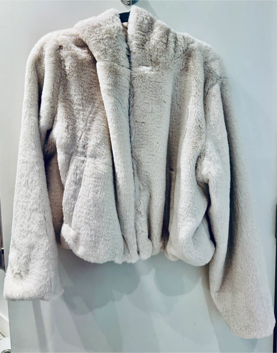 Zara Ivory Faux Fur Hoodie Jacket Size L