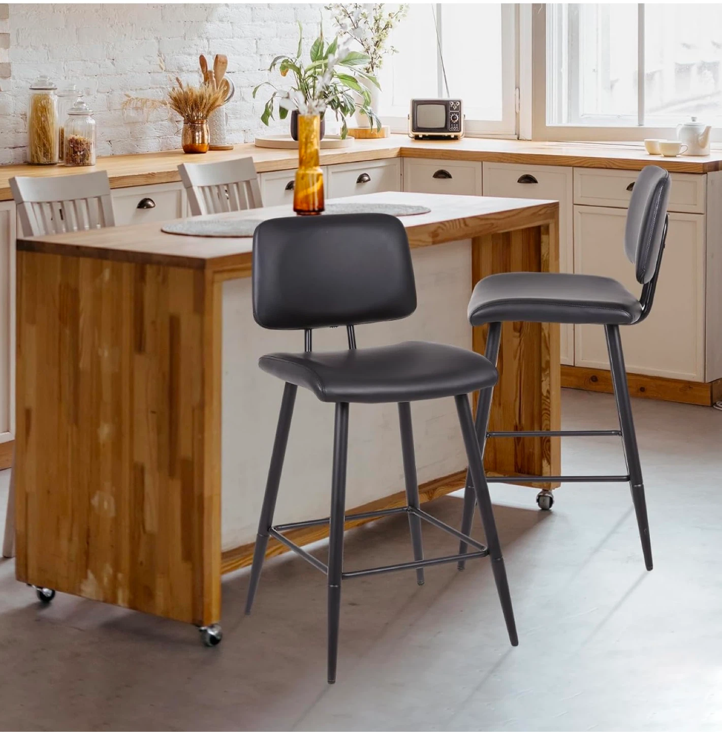 Black Bar Stool with Backrest (2 pcs)