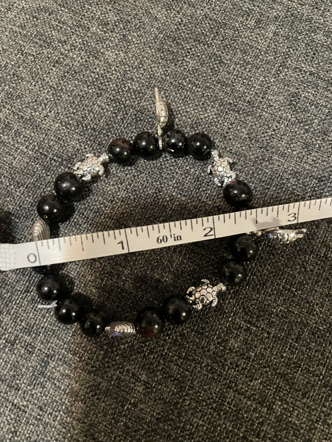 black obsidian beaded bracelet with silver charm - photo 4