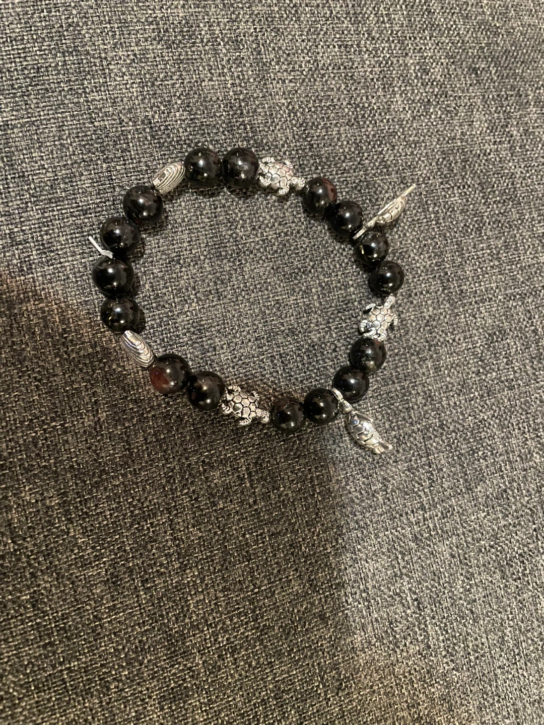 black obsidian beaded bracelet with silver charm - photo 3