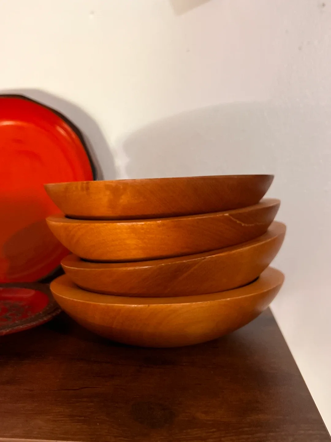 Wood vintage mid century modern Red & Brown Plates image indicator(2)