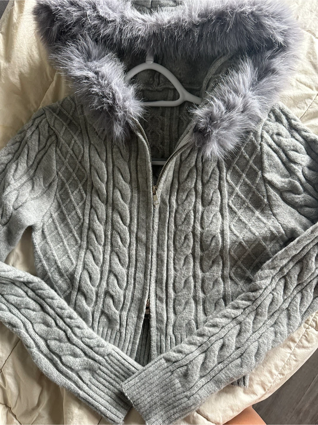 Grey Knit Zip-Up Hoodie with Fur Trim - photo 3