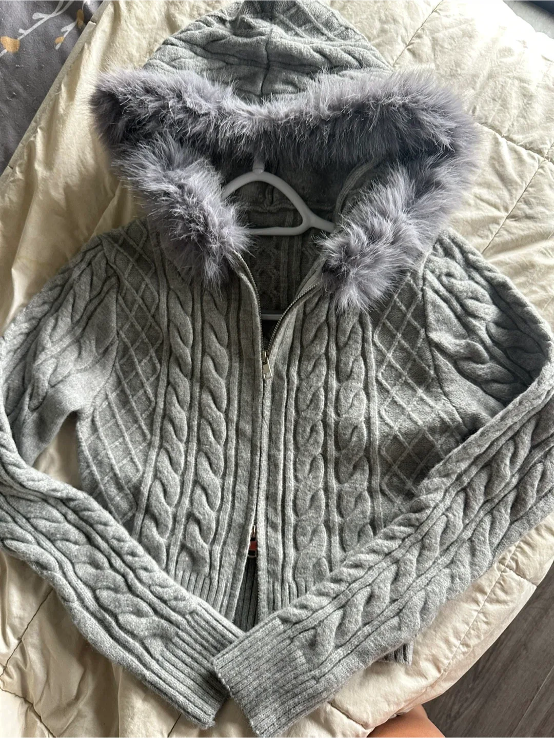 Grey Knit Zip-Up Hoodie with Fur Trim