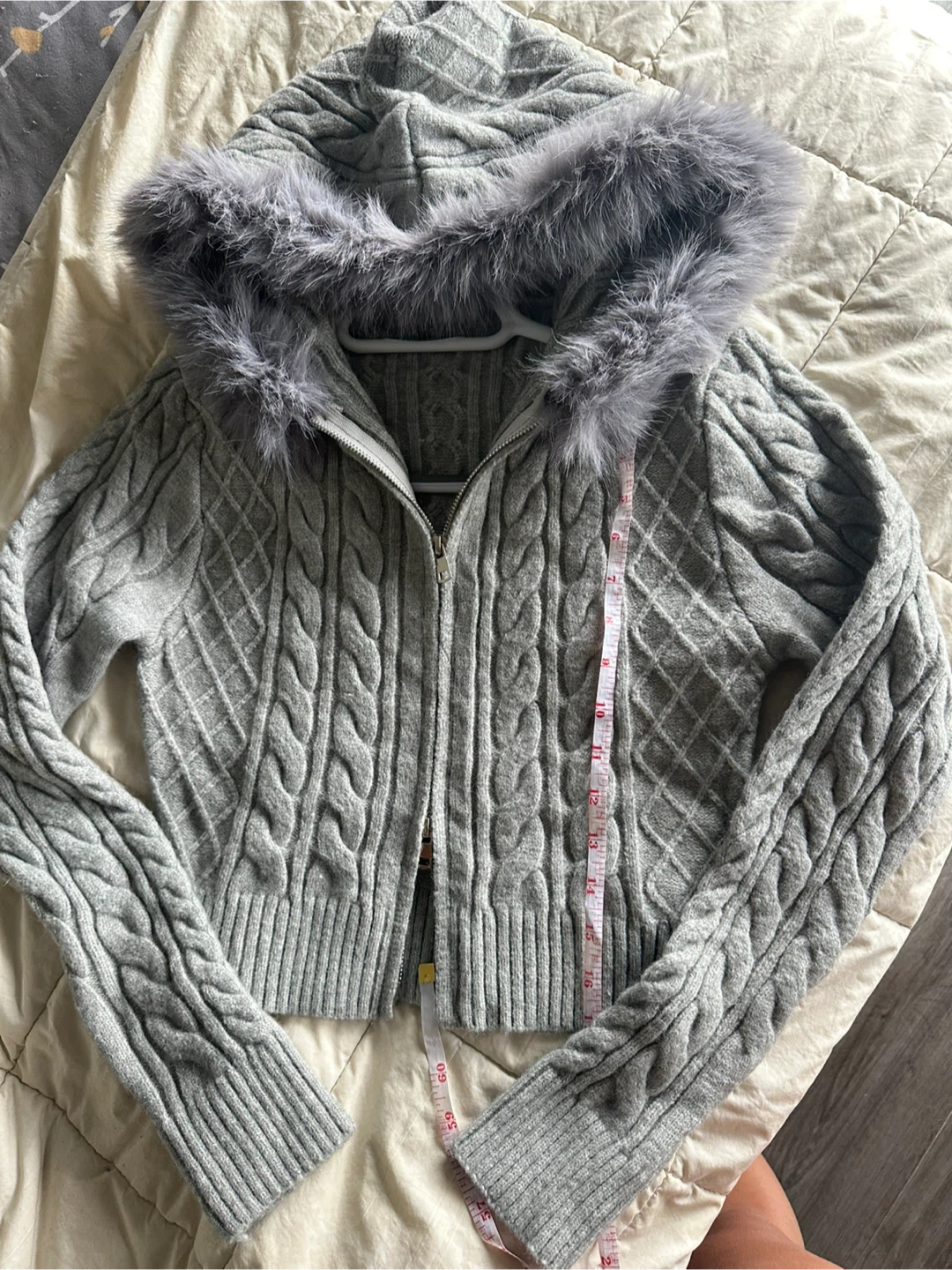 Grey Knit Zip-Up Hoodie with Fur Trim - photo 2