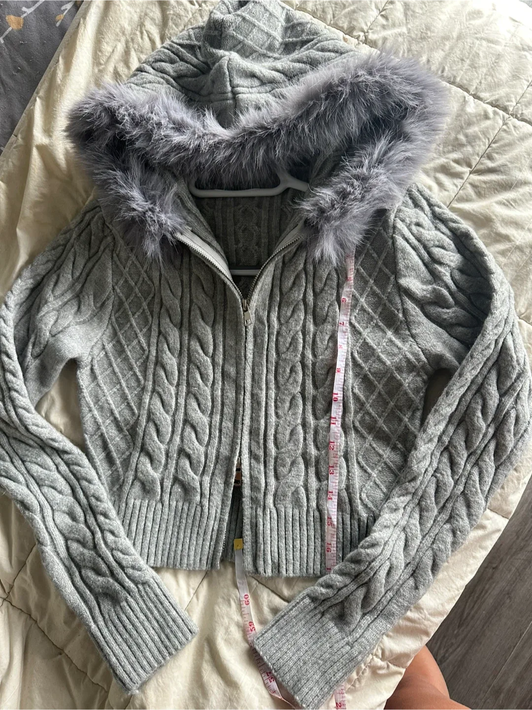 Grey Knit Zip-Up Hoodie with Fur Trim image indicator(2)