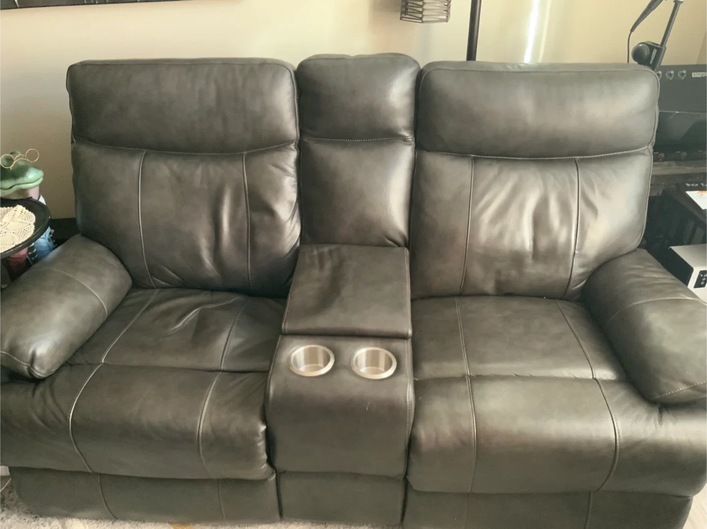 Dark brown Leather Reclining Loveseat with Console image indicator(2)