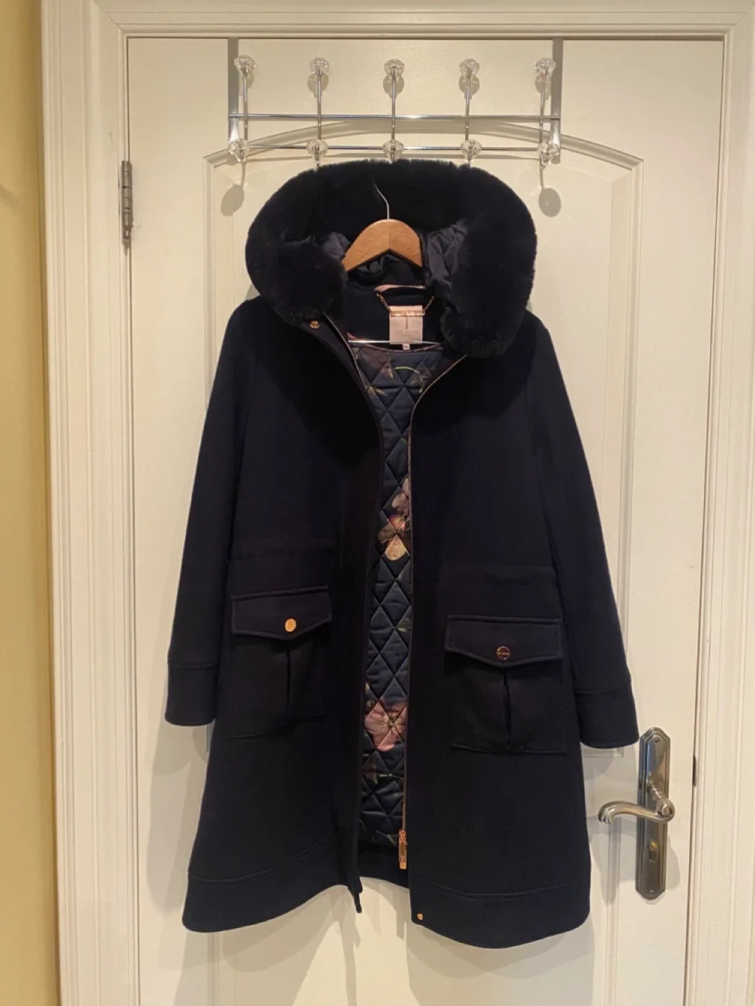 Ted Baker London Wool Blend Coat with Faux Fur Hood thumbnail