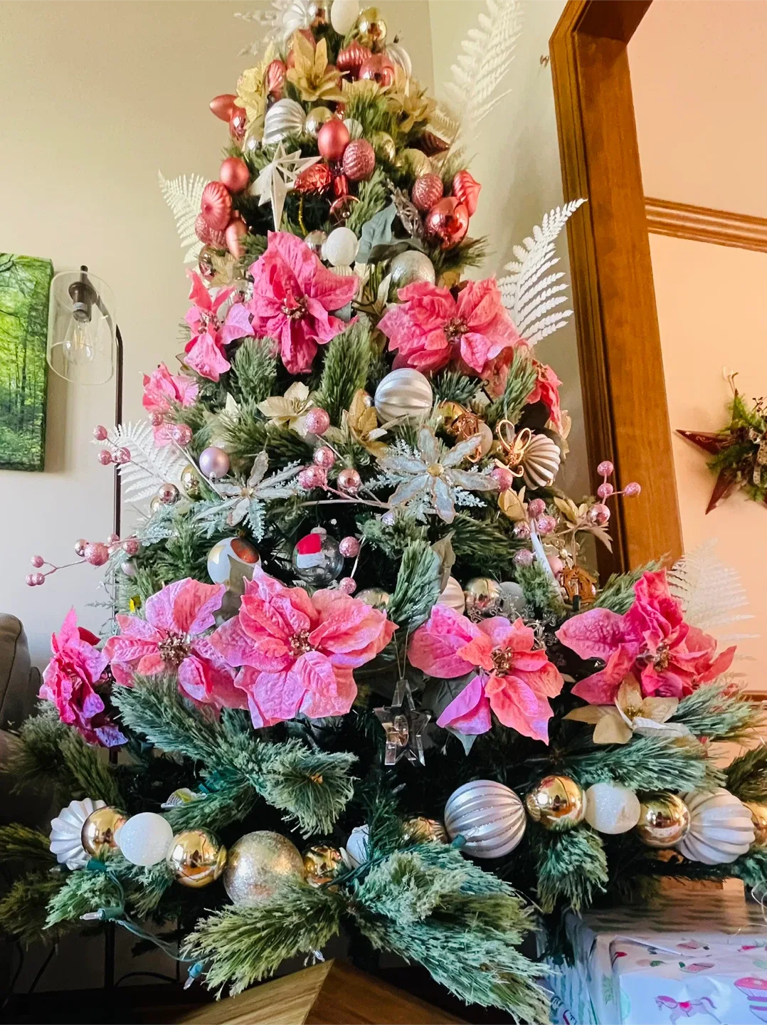 Pink Christmas Ornaments and Floral Garland image indicator(2)