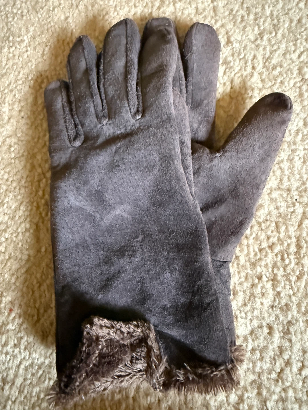 Brown Suede Gloves with Fur Trim