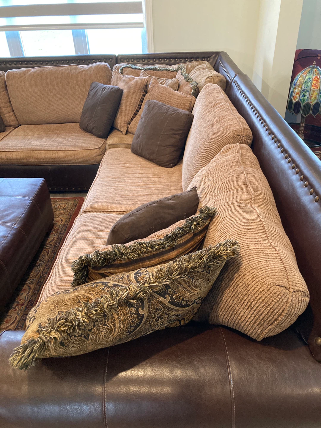 Brown Leather Sectional Sofa with Ottoman - photo 2