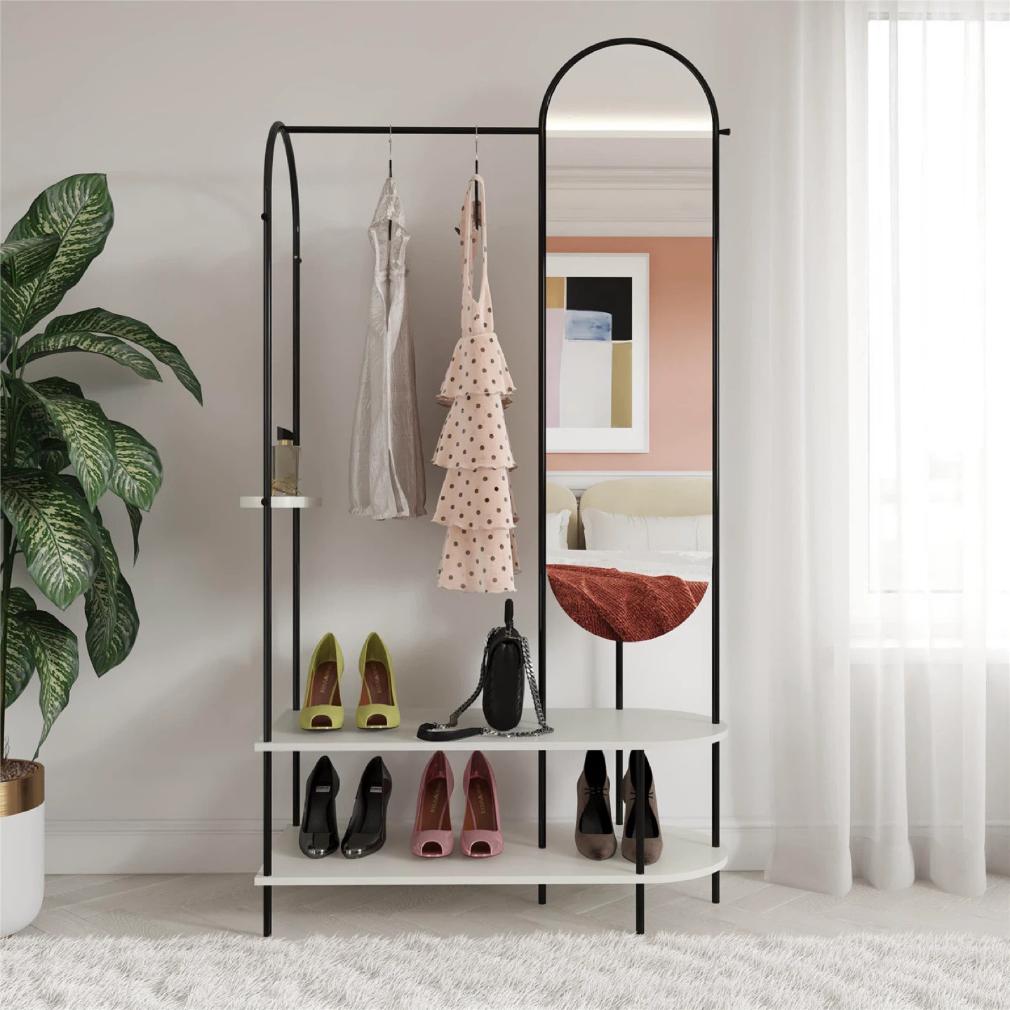 Black Metal & Grey Wood Clothes Rack with Mirror