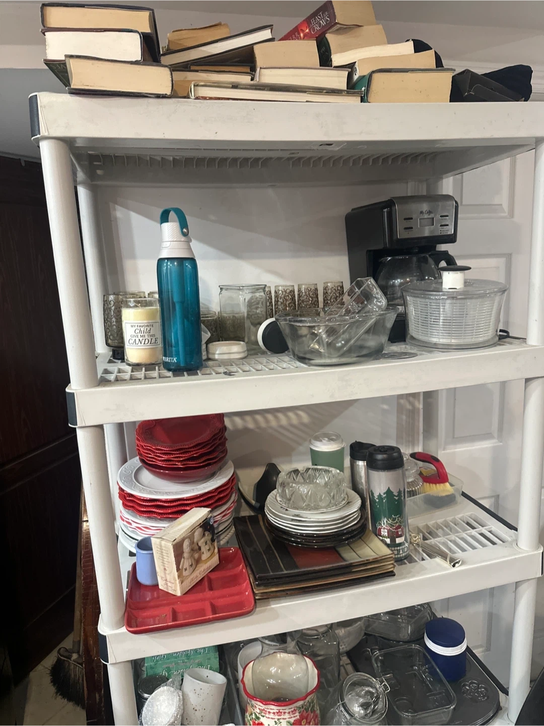 Shelved Items: Books, Dishes, Water Bottle & More