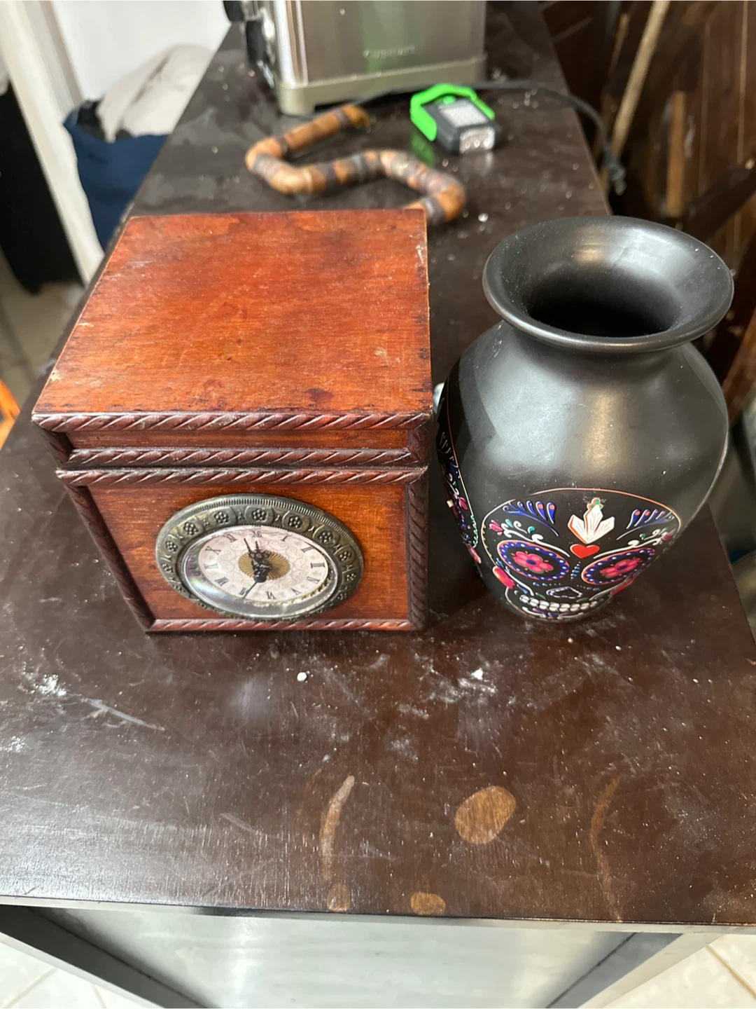 Wooden Clock Box & Skull Vase
