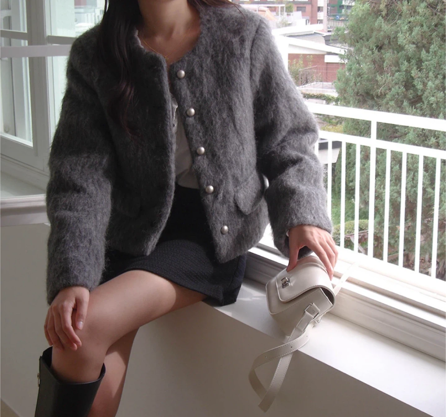 Gray Wool (63%) Blend Cropped Jacket - photo 2