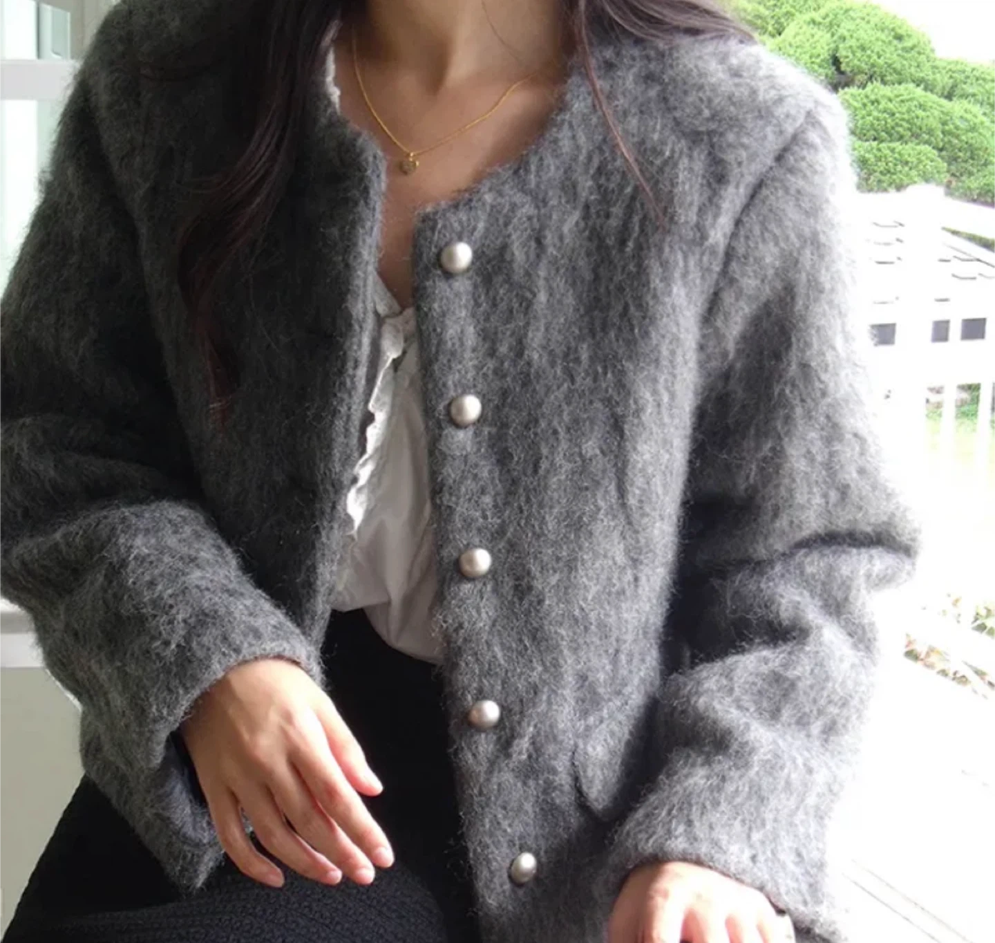 Gray Wool (63%) Blend Cropped Jacket