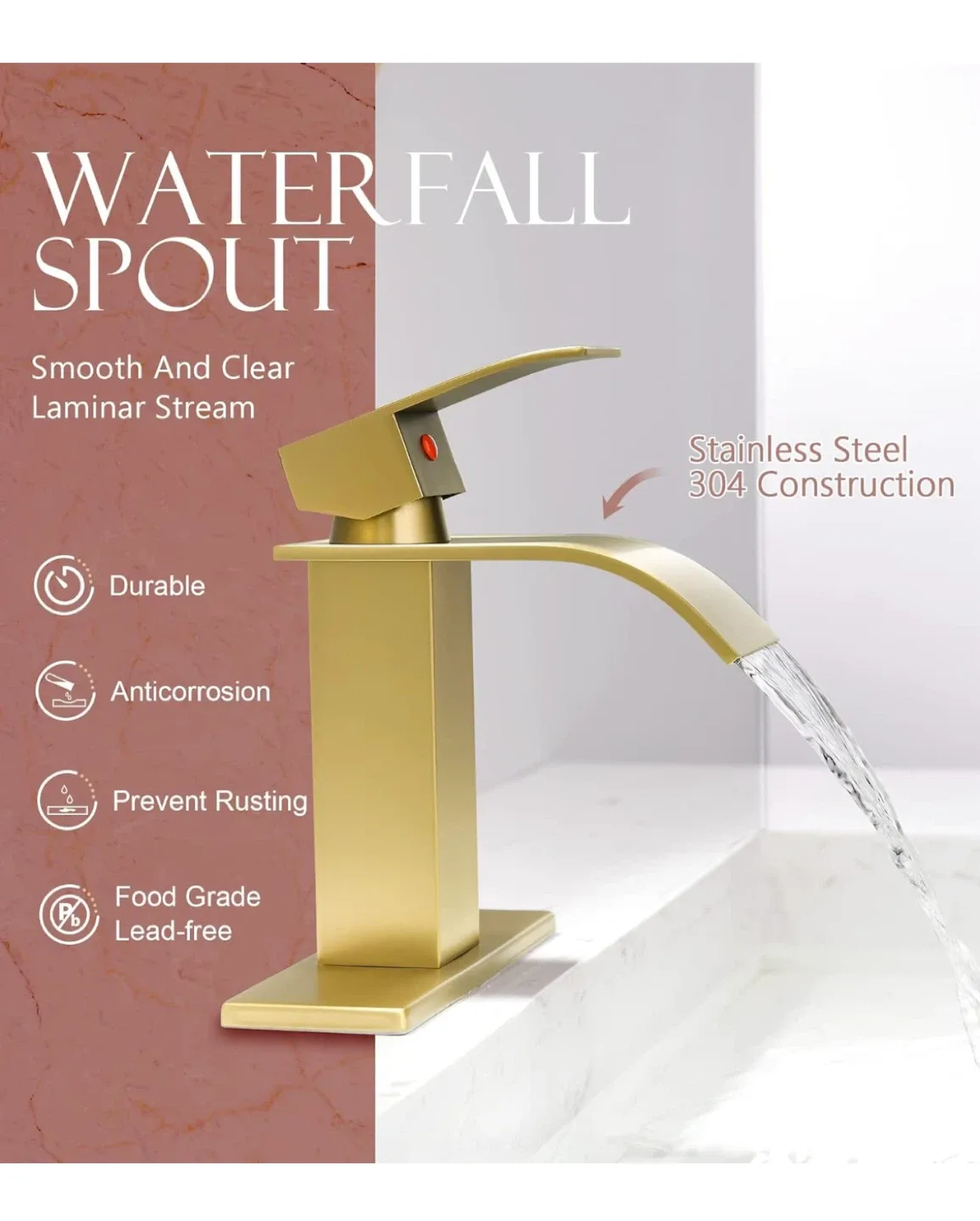 Waterfall Spout Bathroom Faucet - Gold Finish image indicator(4)