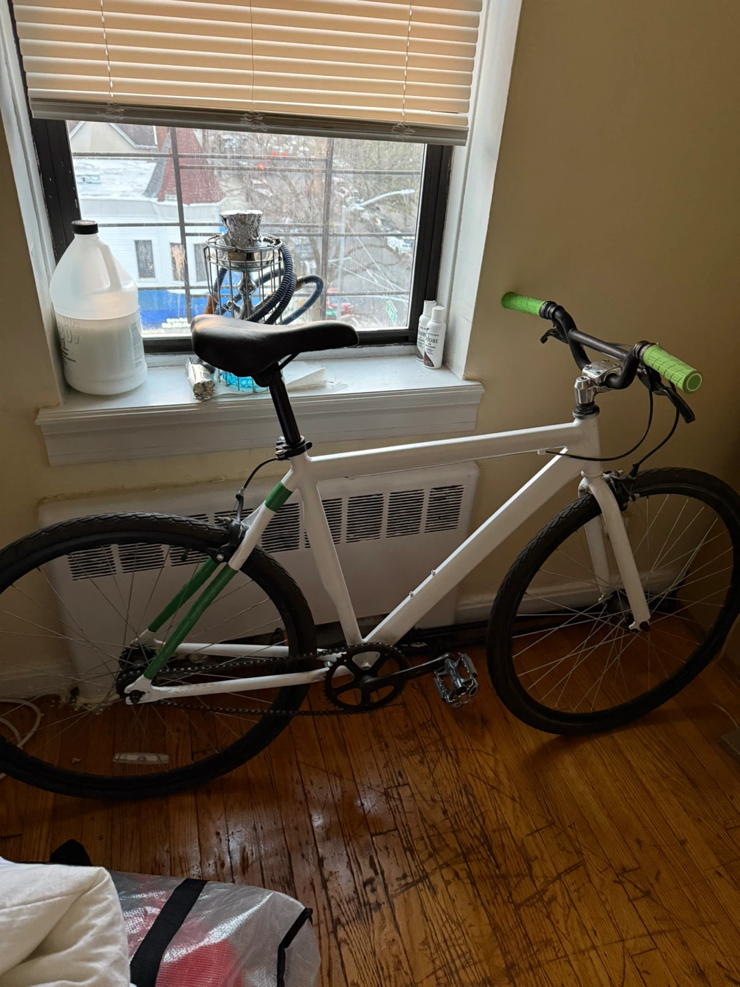 White Fixie Bike with Green Accents