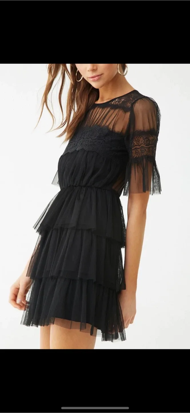 Forever 21 Chiffon Lace Ruffled Mini Shirtdress size M