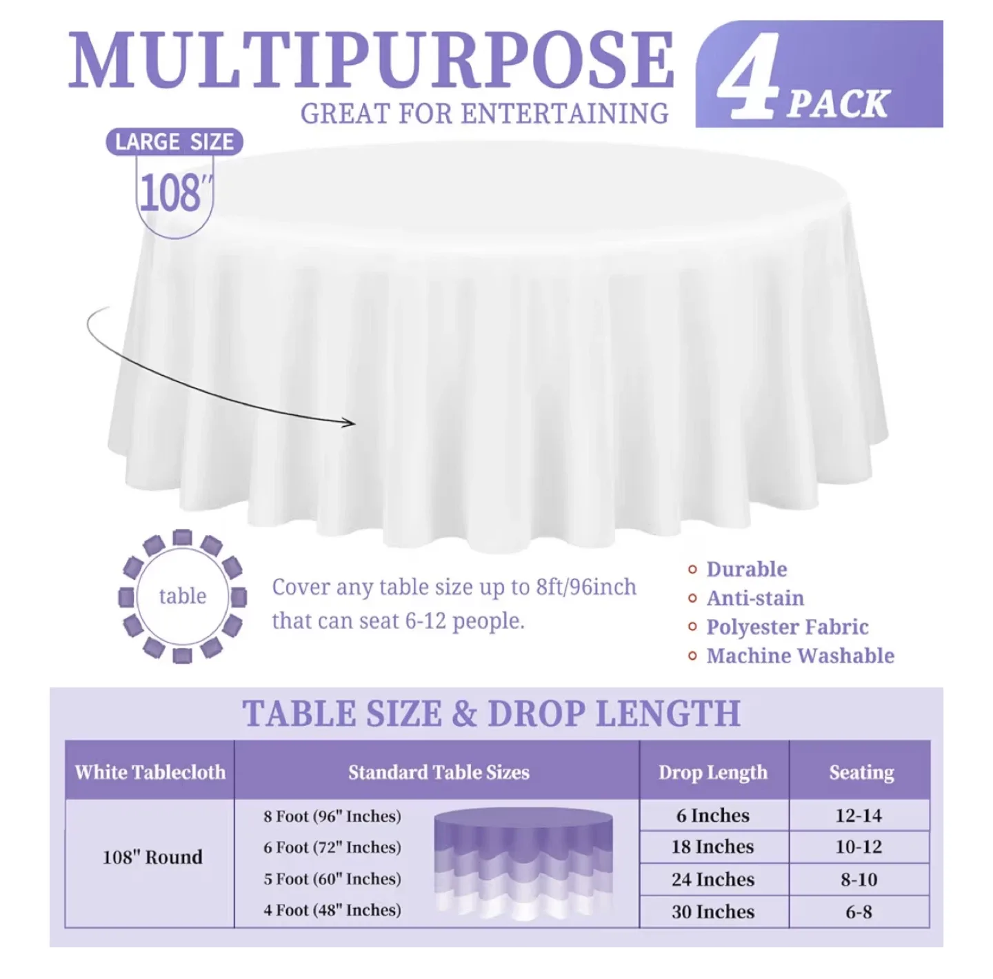 4 pack NEW ! White Round Tablecloth - 108 inch image indicator(2)
