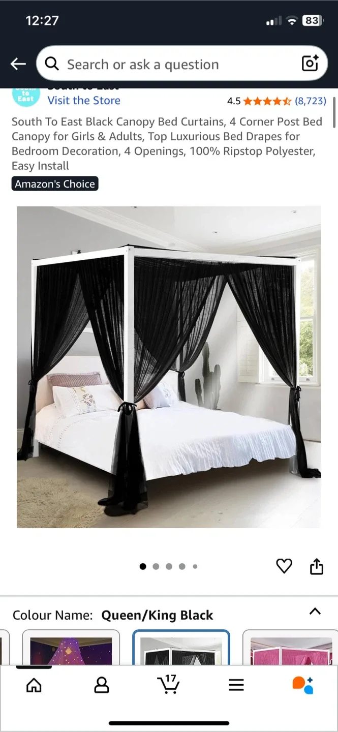 ARFARLY King Size Black Canopy Bed Frame and bed curtains black image indicator(6)