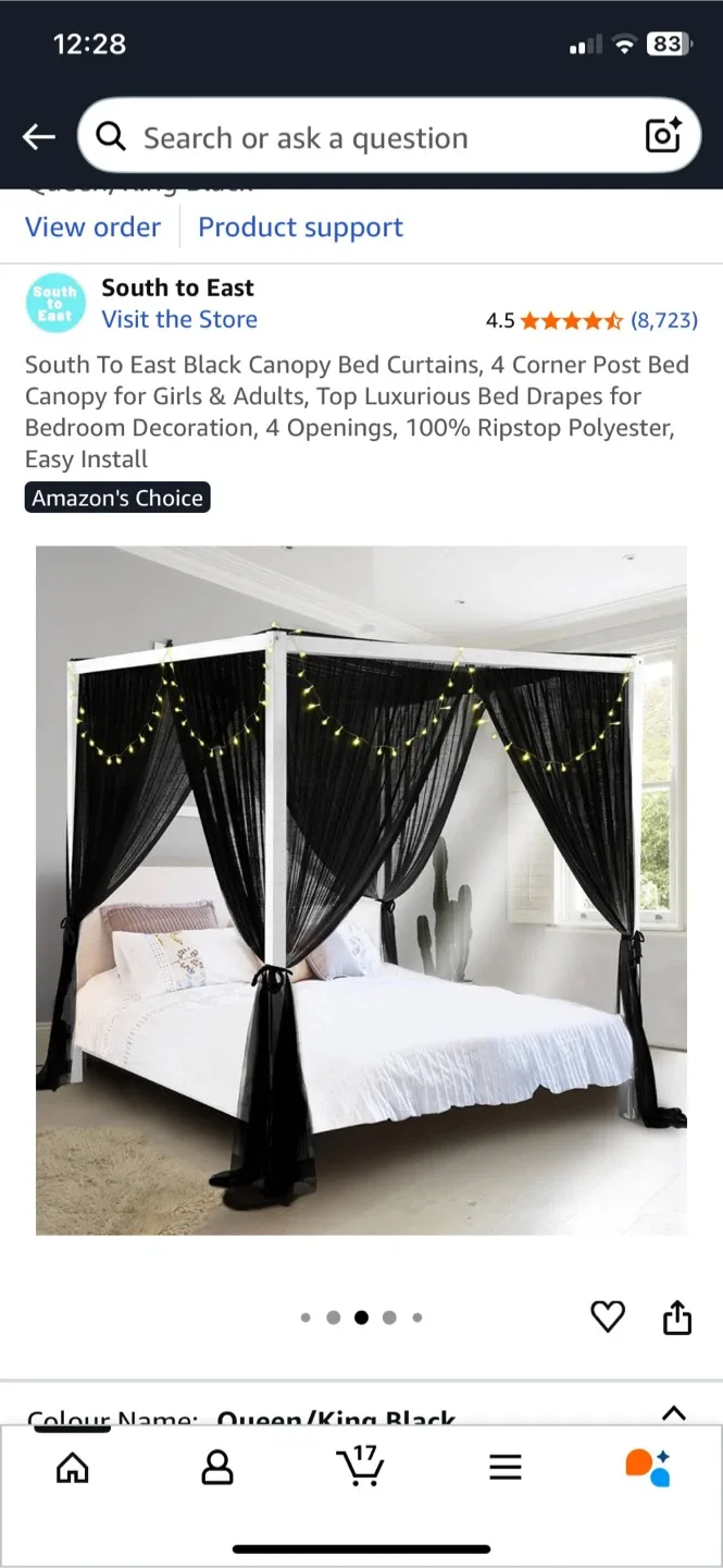 ARFARLY King Size Black Canopy Bed Frame and bed curtains black image indicator(3)